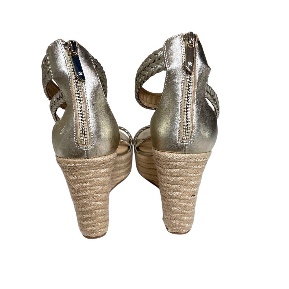 Badgley Mischka Gold Wedge Sandals Size 8 Braided Strappy Espadrille Heels - Picture 3 of 11